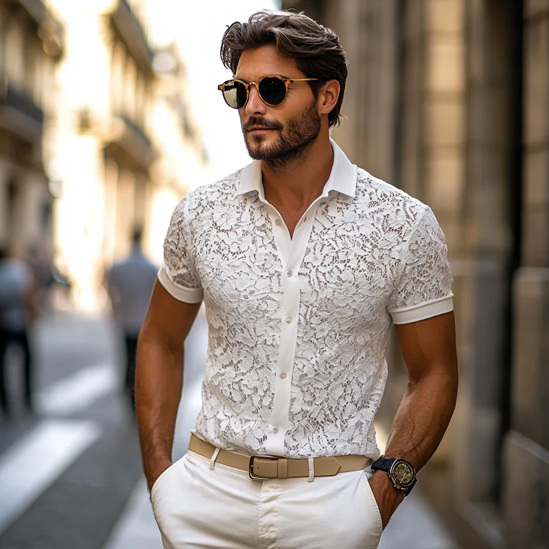 Ricardo | Men'S Solid Lace Lapel Short Sleeve Shirt - Image 4