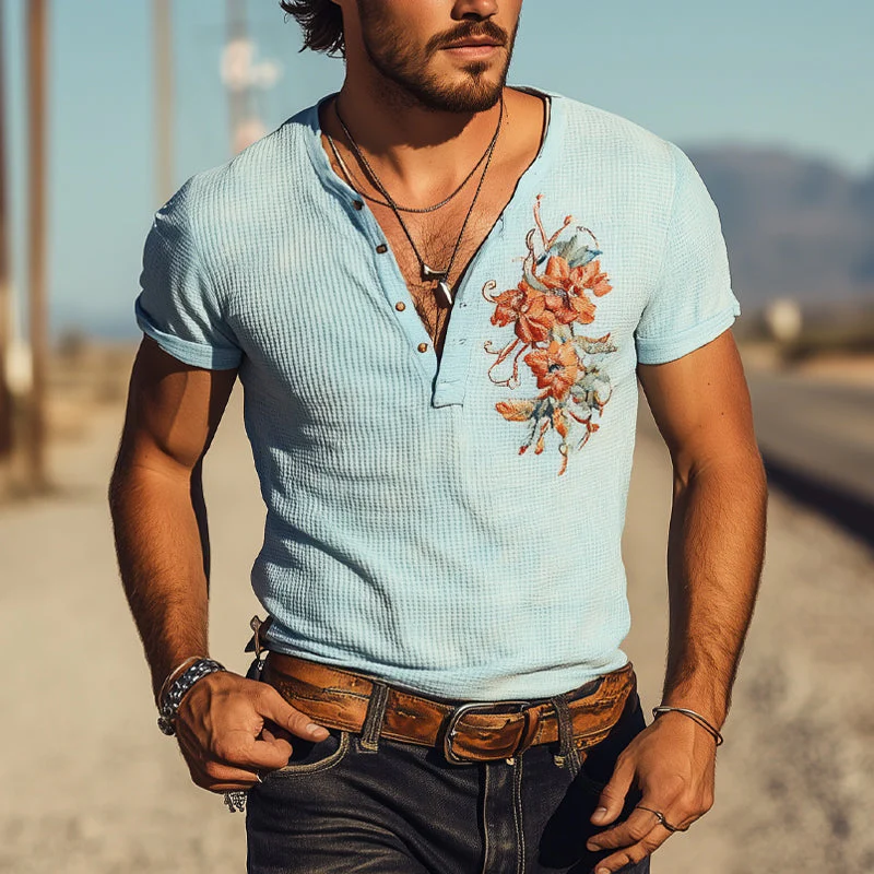 Ricardo | Men'S Waffle Henley Neck Embroidered Short Sleeve T-Shirt - Image 2