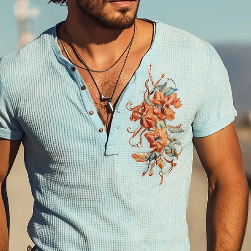 Ricardo | Men'S Waffle Henley Neck Embroidered Short Sleeve T-Shirt - Image 4