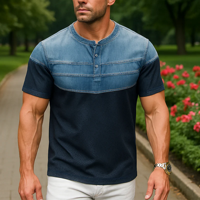 Richard | Men'S Summer Fashion Denim Sports Fabric Patchwork Short Sleeve Henley Shirt - Image 2