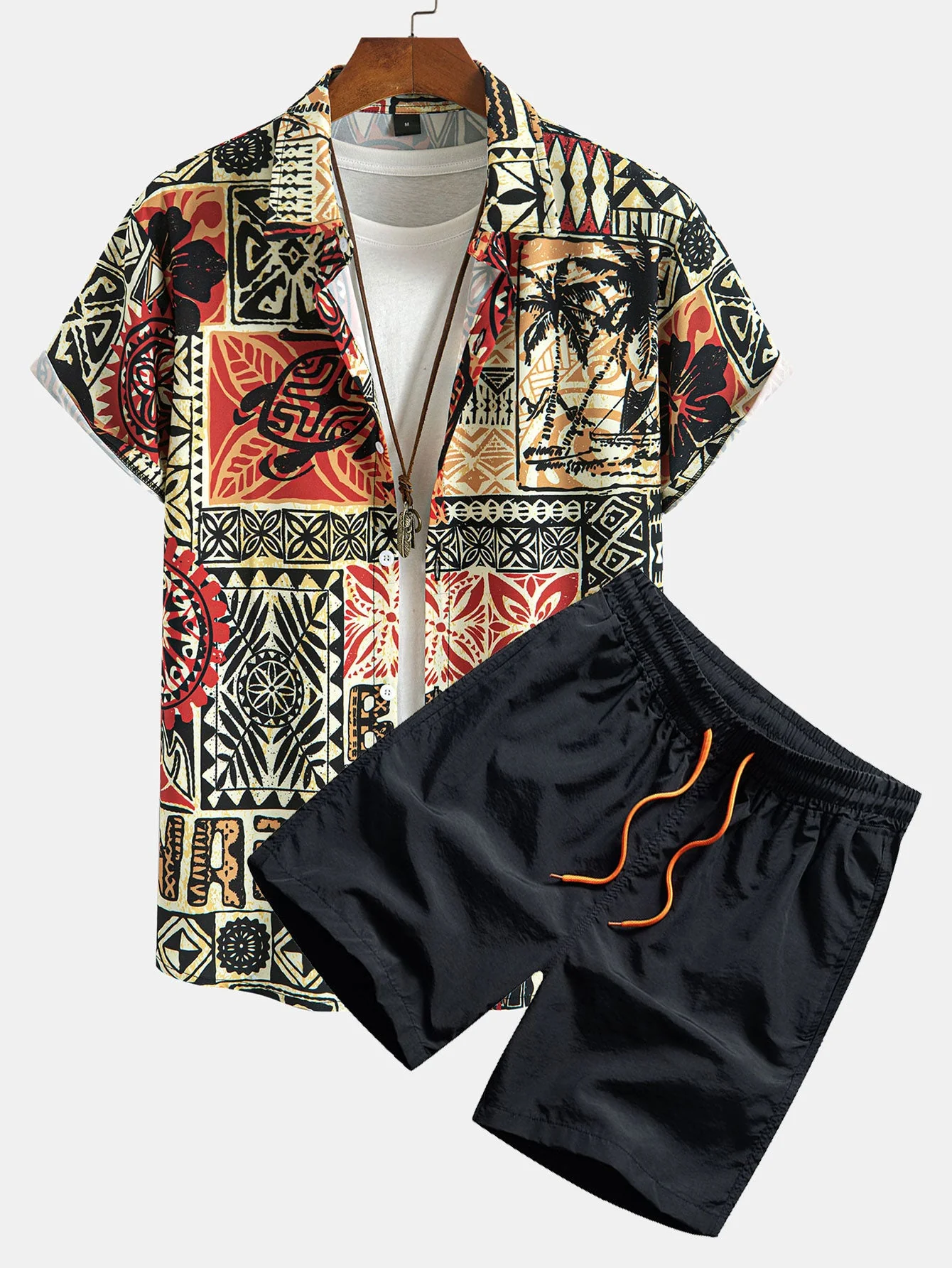 RickĀ® | Palm Tree Turtle Ethnic Geometry Print Button Up Shirt & Swim Shorts