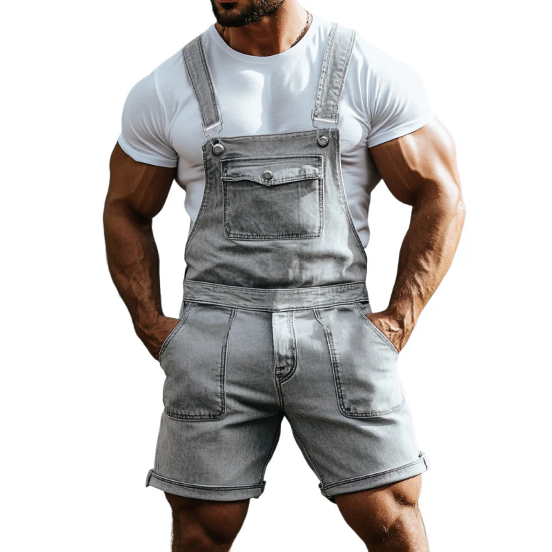 Rick | Men'S Vintage Washed Distressed Multi-Pocket Denim Shorts Jumpsuit