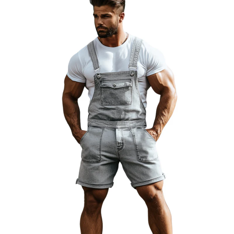 Rick | Men'S Vintage Washed Distressed Multi-Pocket Denim Shorts Jumpsuit - Image 3