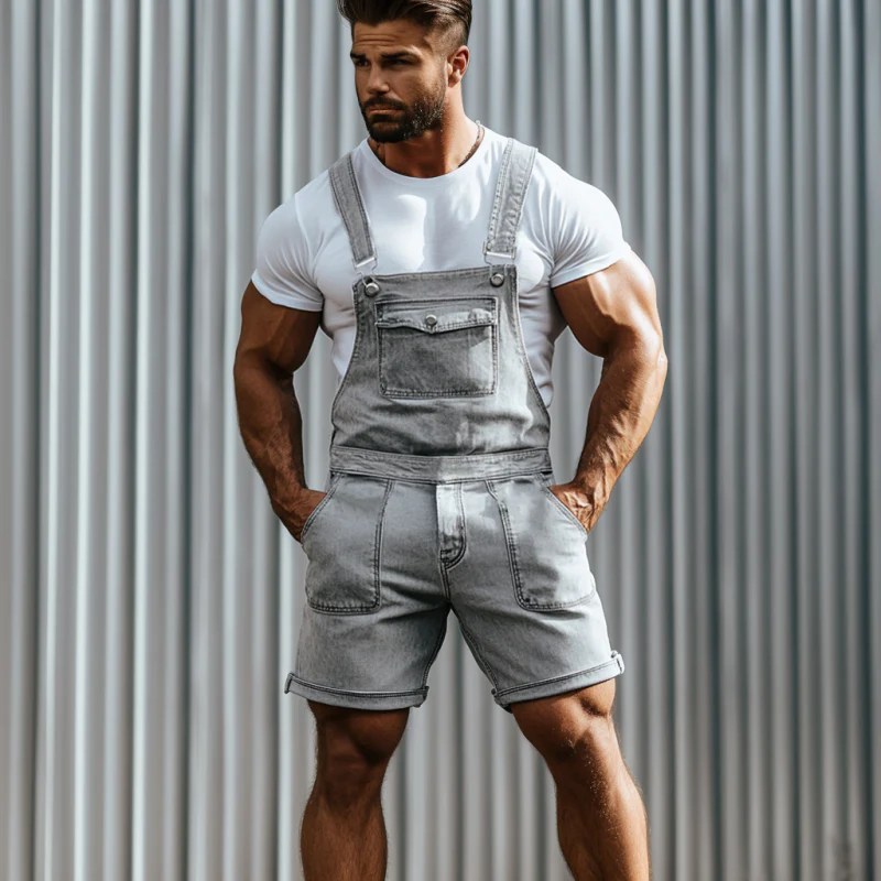 Rick | Men'S Vintage Washed Distressed Multi-Pocket Denim Shorts Jumpsuit - Image 4