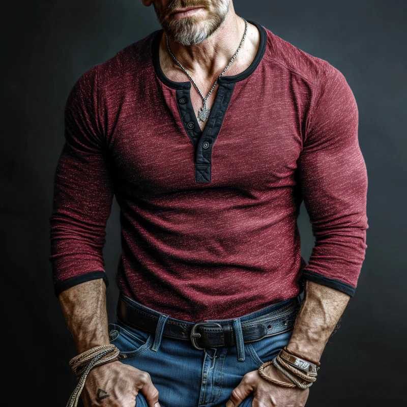 Roberto | Men'S Casual Cotton Contrast Color Patchwork Henry Collar Slim Fit Long Sleeve T-Shirt - Image 2