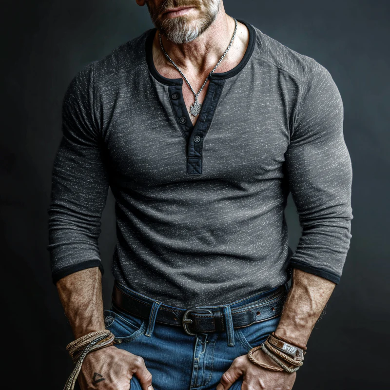 Roberto | Men'S Casual Cotton Contrast Color Patchwork Henry Collar Slim Fit Long Sleeve T-Shirt - Image 4