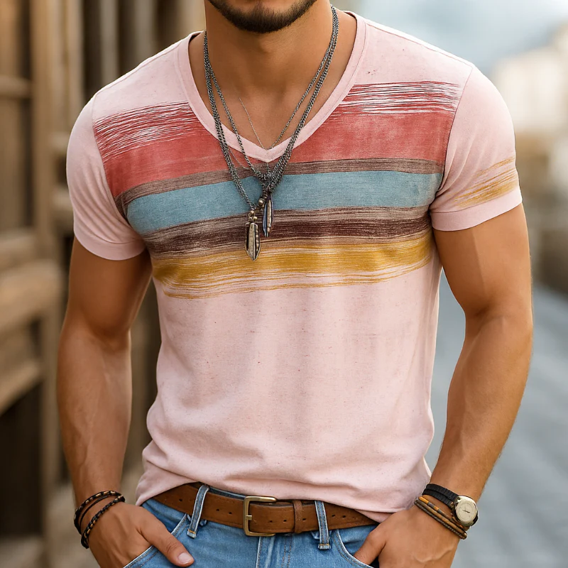 Roberto | Men'S Retro Casual Shabby Striped Printed V-Neck Short Sleeve T-Shirt - Image 3