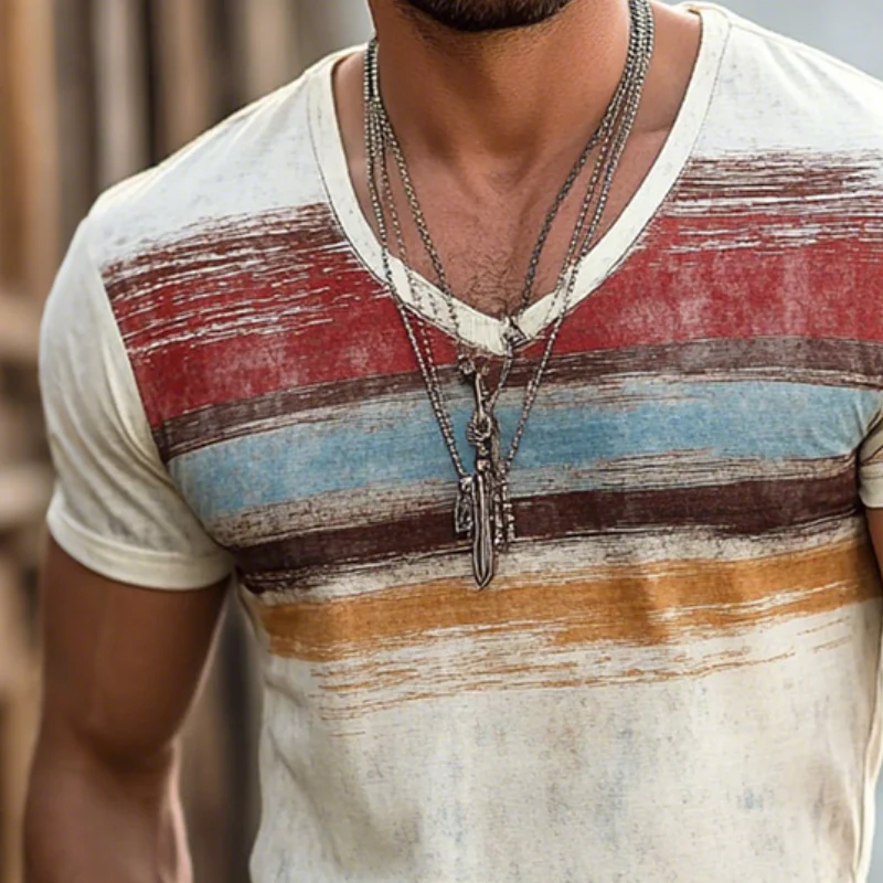 Roberto | Men'S Retro Casual Shabby Striped Printed V-Neck Short Sleeve T-Shirt - Image 8