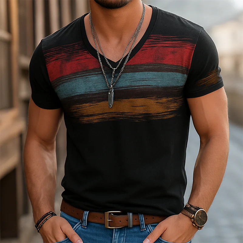 Roberto | Men'S Retro Casual Shabby Striped Printed V-Neck Short Sleeve T-Shirt - Image 9