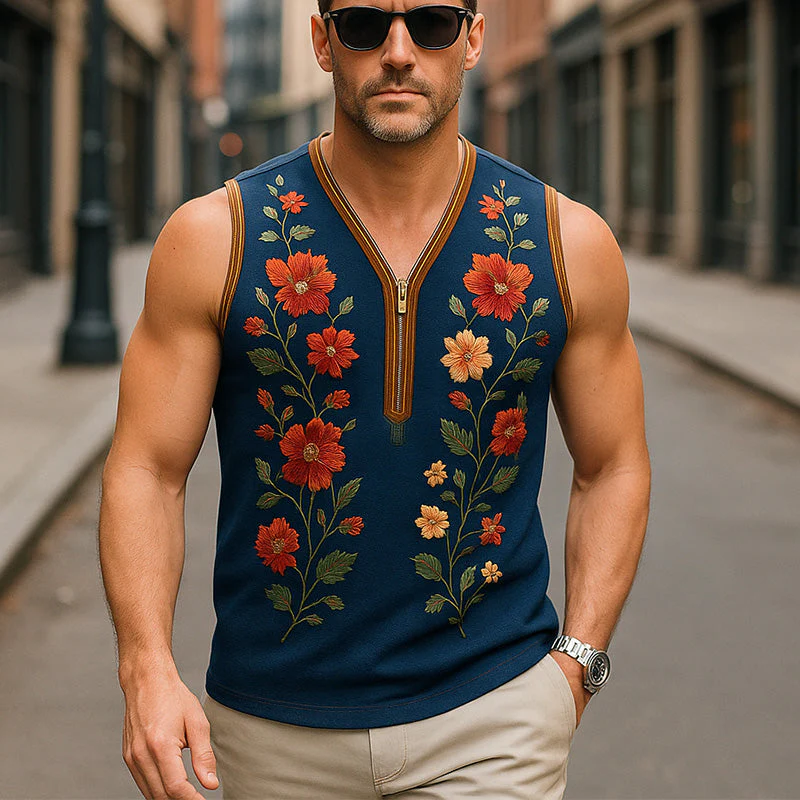 Roberto | Men'S Summer Fashion Embroidered Cotton And Linen Tank Top - Image 2