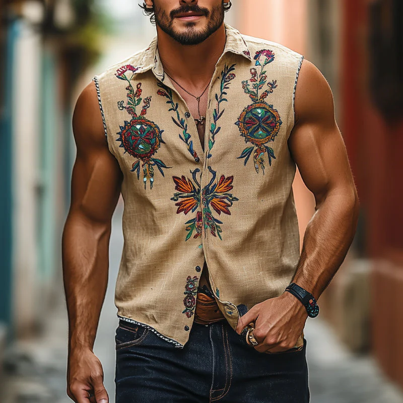 Rodney | Men'S Vintage Floral Embroidered Lapel Sleeveless Shirt - Image 2