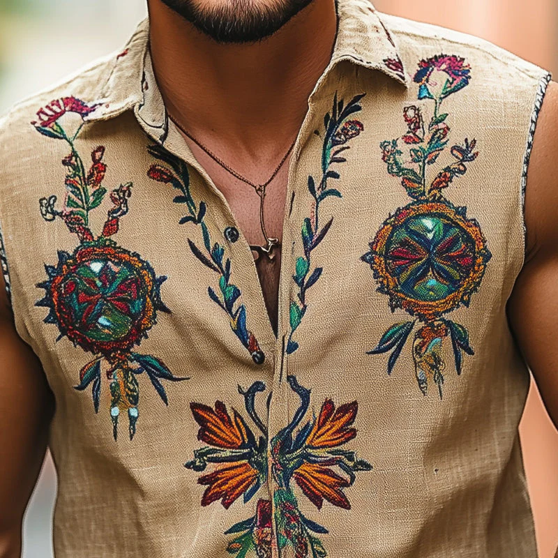Rodney | Men'S Vintage Floral Embroidered Lapel Sleeveless Shirt - Image 3