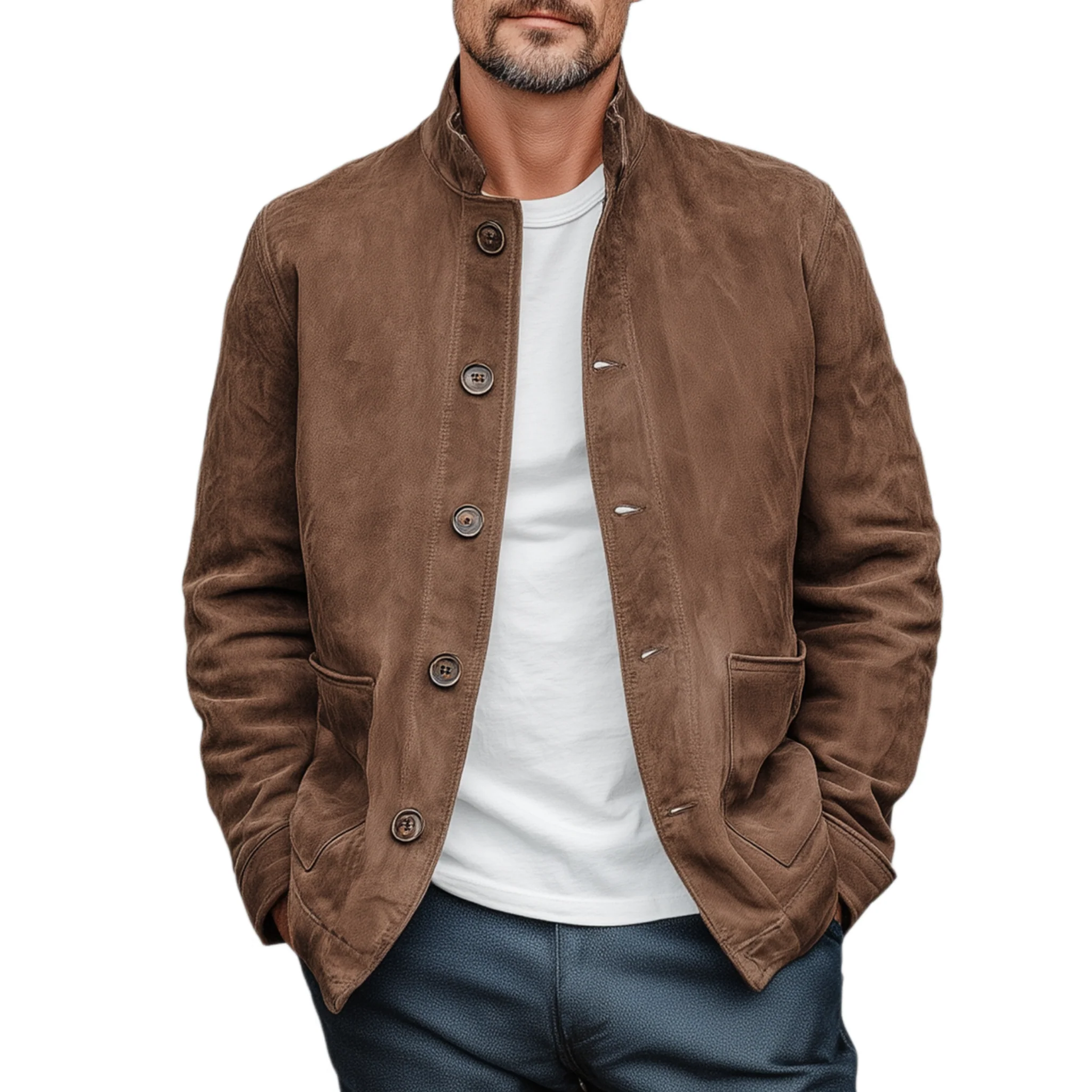 Rodrigo | Men'S Retro Casual Thin Suede Wooden Button Stand Collar Jacket - Image 2