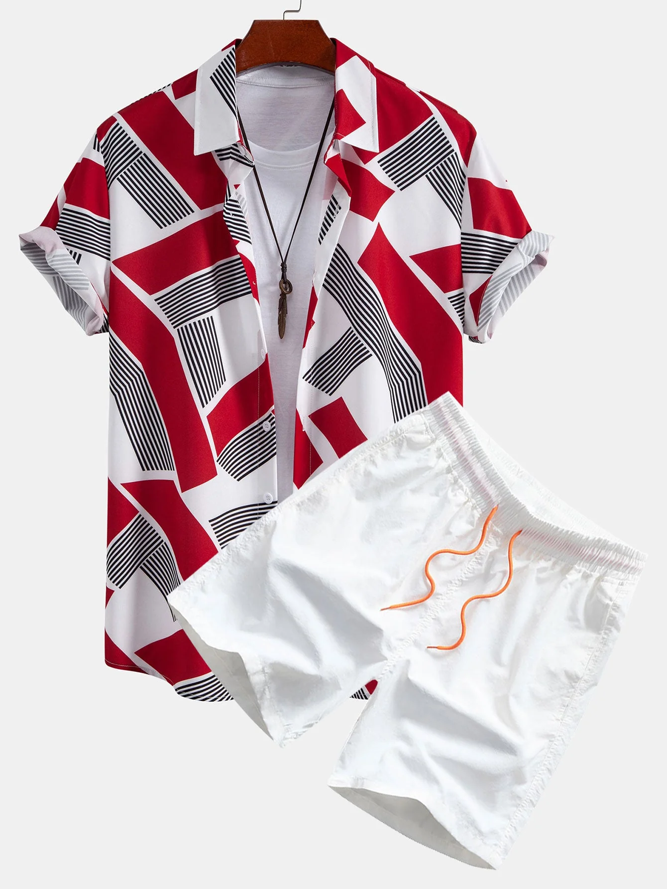 Rogelio® | Color Block Geometry Print Button Up Shirt & Man Mid Length Drawstring Swim Shorts - Image 2