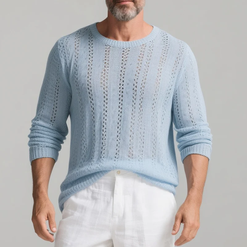 Rogelio | Men'S Solid Color Hollow Out Knit Round Neck Long Sleeve Sweater - Image 2
