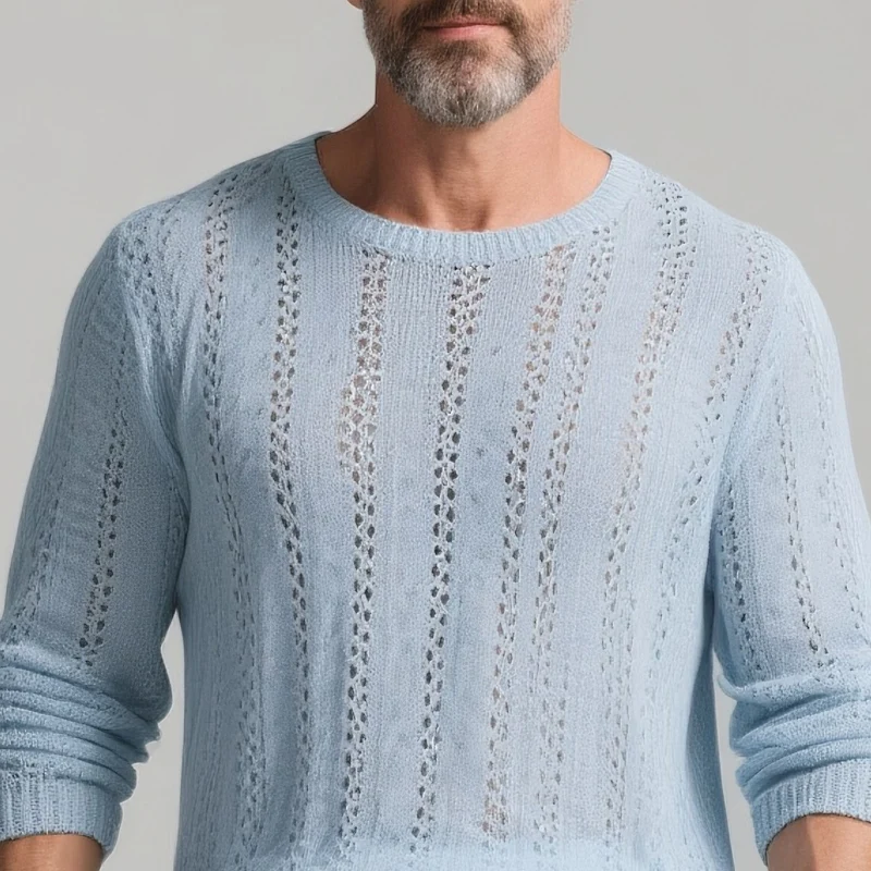 Rogelio | Men'S Solid Color Hollow Out Knit Round Neck Long Sleeve Sweater - Image 3