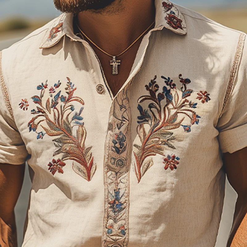 Roger | Men'S Summer Fashion Classic Retro Western Style Embroidered Cotton And Linen Short Sleeve Shirt - Image 5