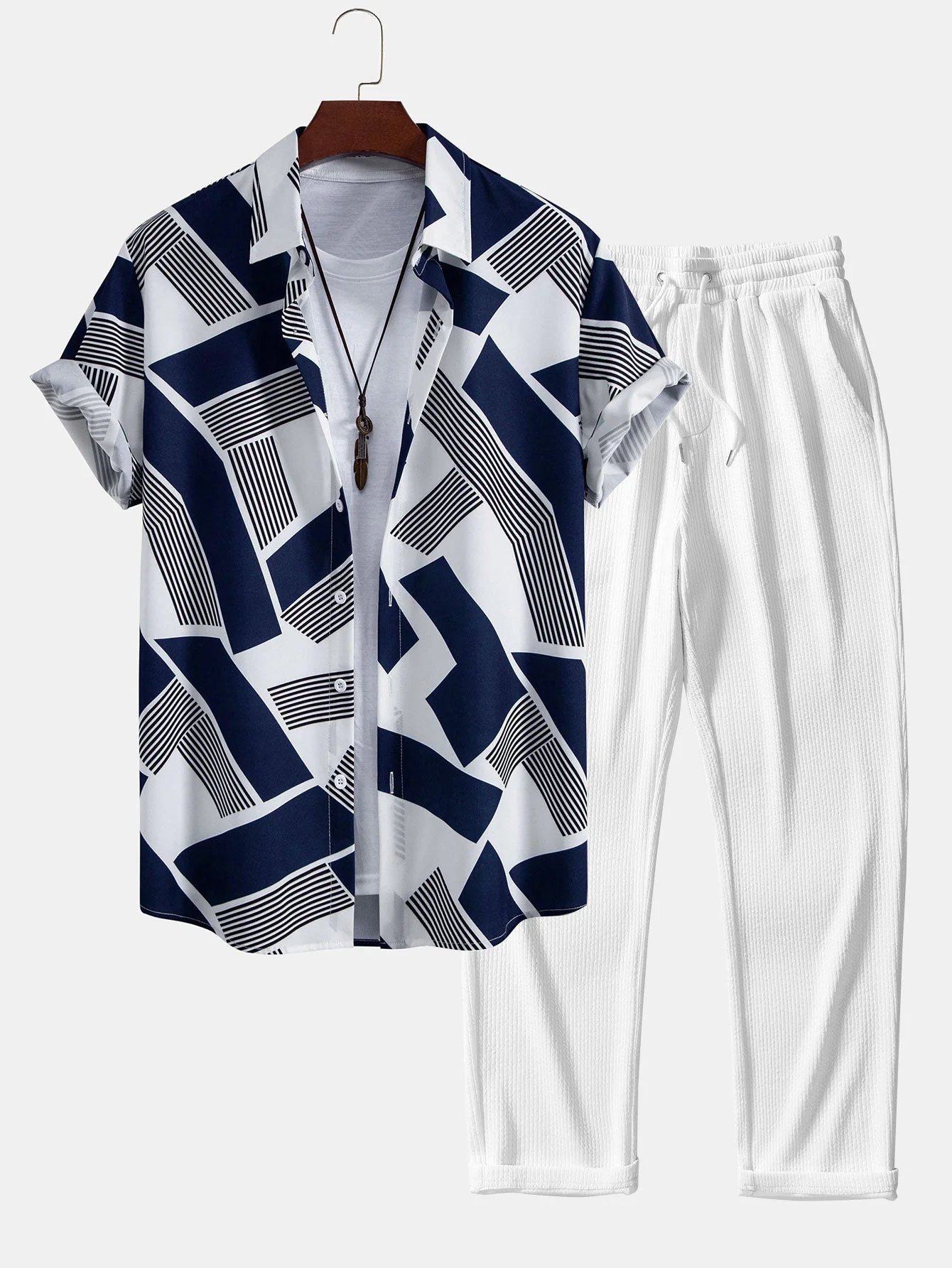 Rolando® | Color Block Geometry Print Button Up Shirt & Straight Leg Ribbed Pants - Image 2