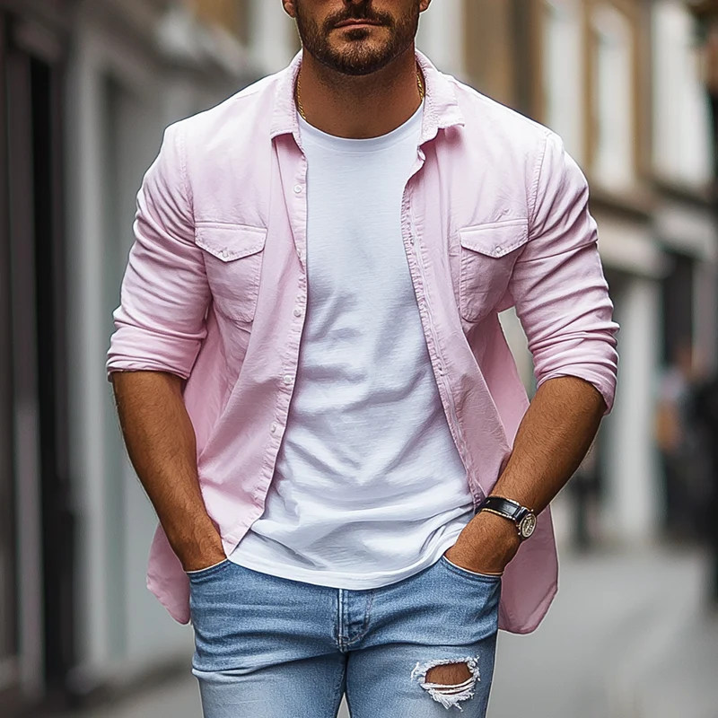 Roman | Men'S Basic Solid Color Cotton Blend Long Sleeve Shirt - Image 2
