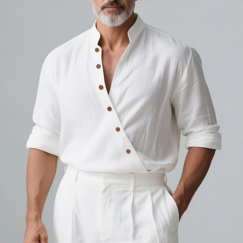 Roman | Men'S Solid Color Cotton And Linen Slanted Placket Long Sleeve Shirt - Image 2
