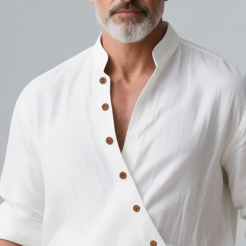 Roman | Men'S Solid Color Cotton And Linen Slanted Placket Long Sleeve Shirt - Image 3