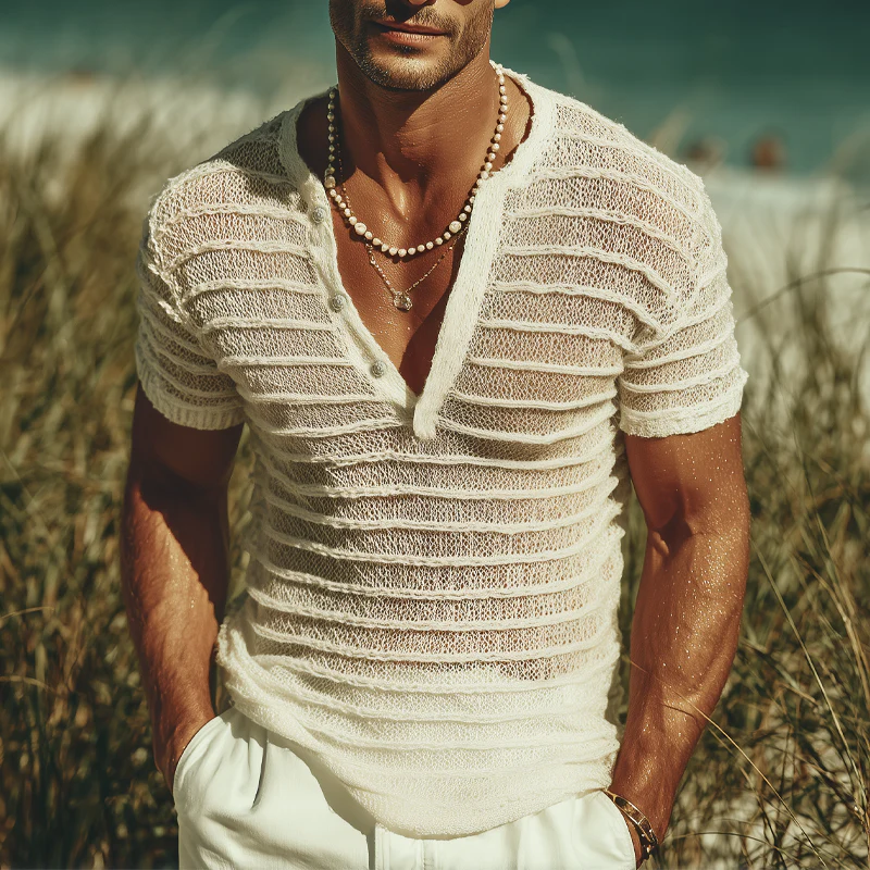 Ron | Men'S Summer Fashion V-Neck Striped Jacquard Knitted Short Sleeve T-Shirt - Image 2