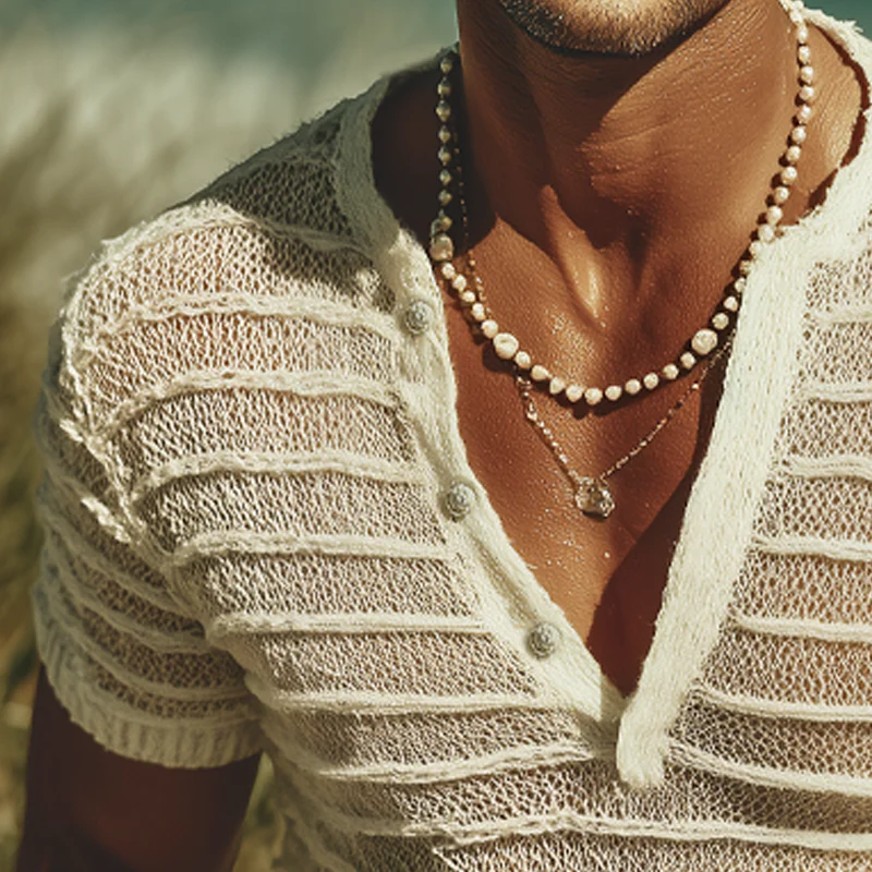 Ron | Men'S Summer Fashion V-Neck Striped Jacquard Knitted Short Sleeve T-Shirt - Image 4