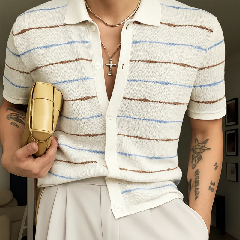 Ronald | Men'S Summer Casual Striped Knitted Short Sleeve Shirt - Image 2