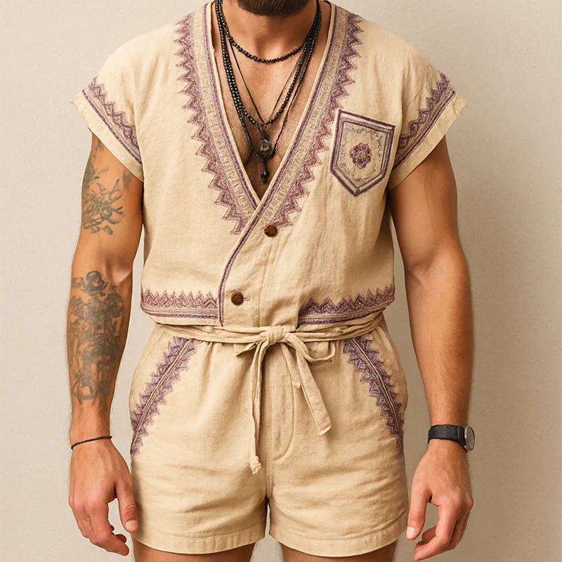 Ronald | Men'S Summer Exquisite Embroidered V-Neck T-Shirt Shorts Set - Image 2