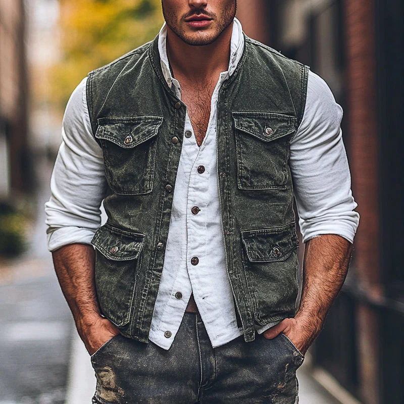 Ronald | Men'S Vintage Washed Round Neck Multi-Pocket Vest - Image 2