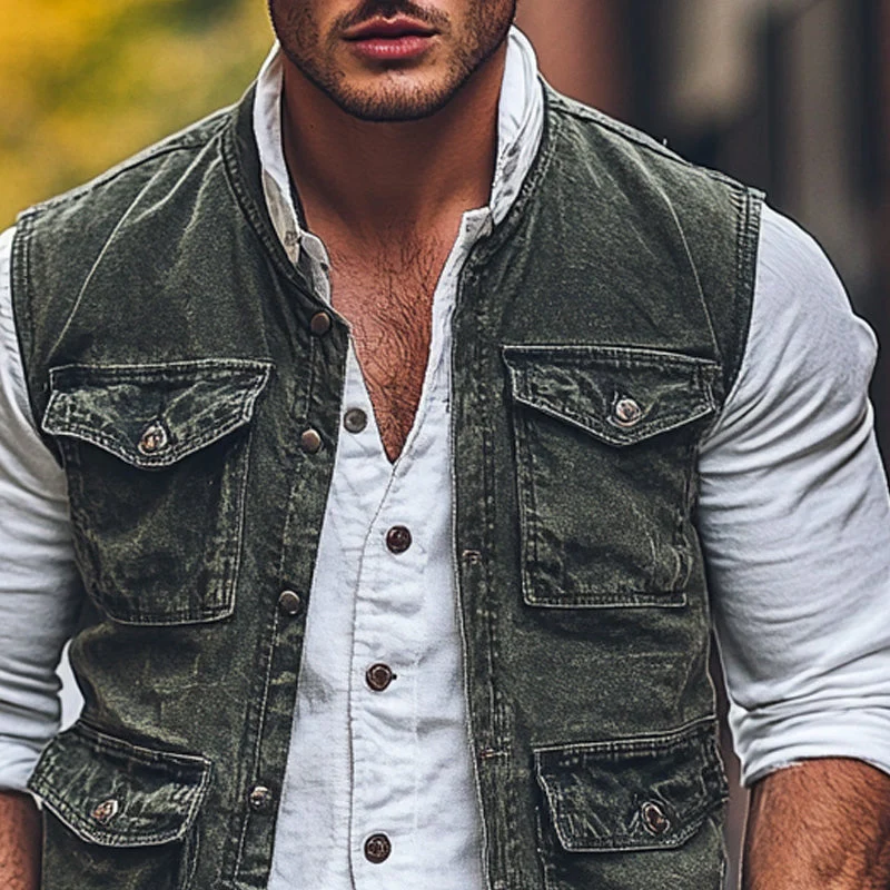 Ronald | Men'S Vintage Washed Round Neck Multi-Pocket Vest - Image 3