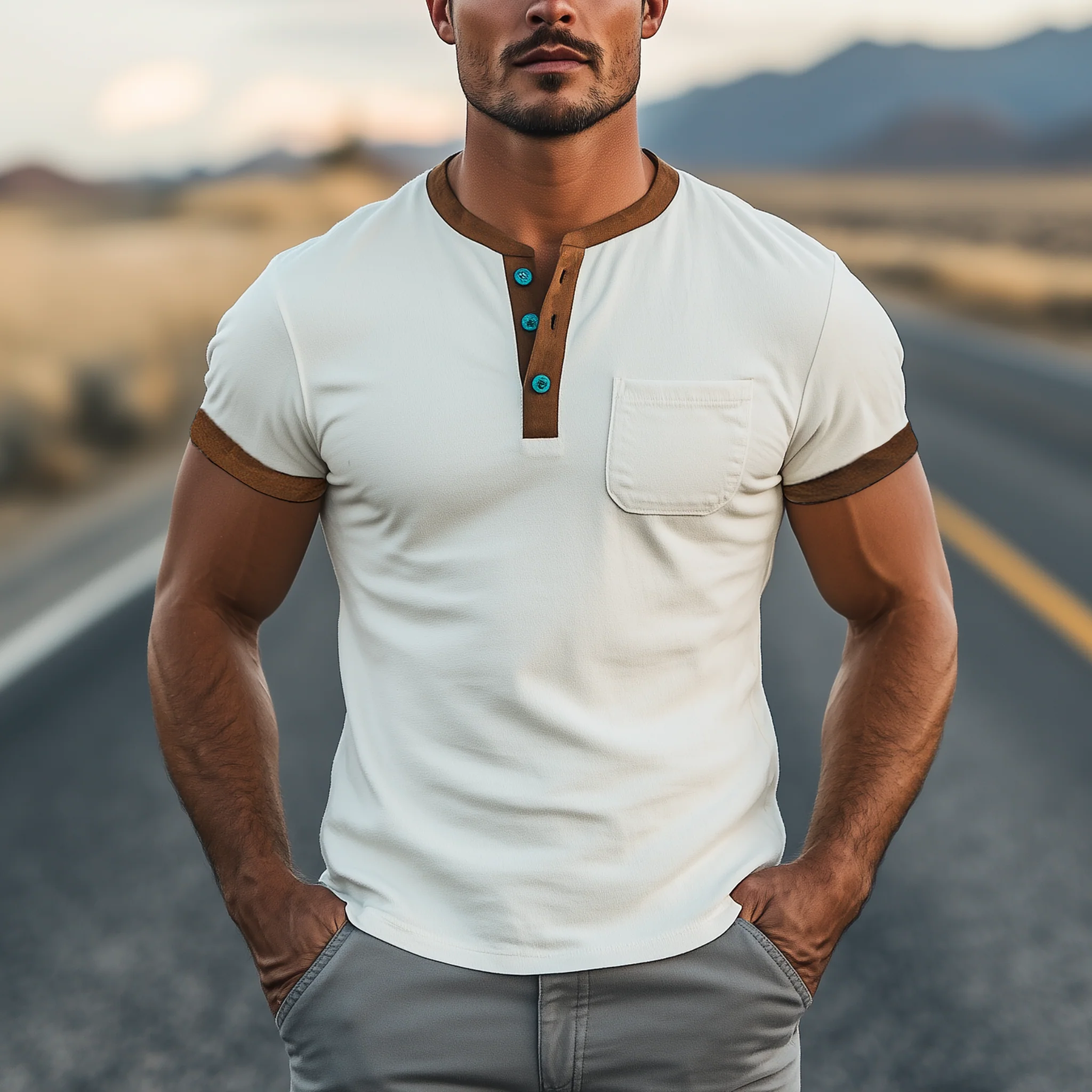 Roscoe | Men'S Spring And Summer Casual Henley Collar Thin Suede Splicing Slim Short Sleeve T-Shirt - Image 2