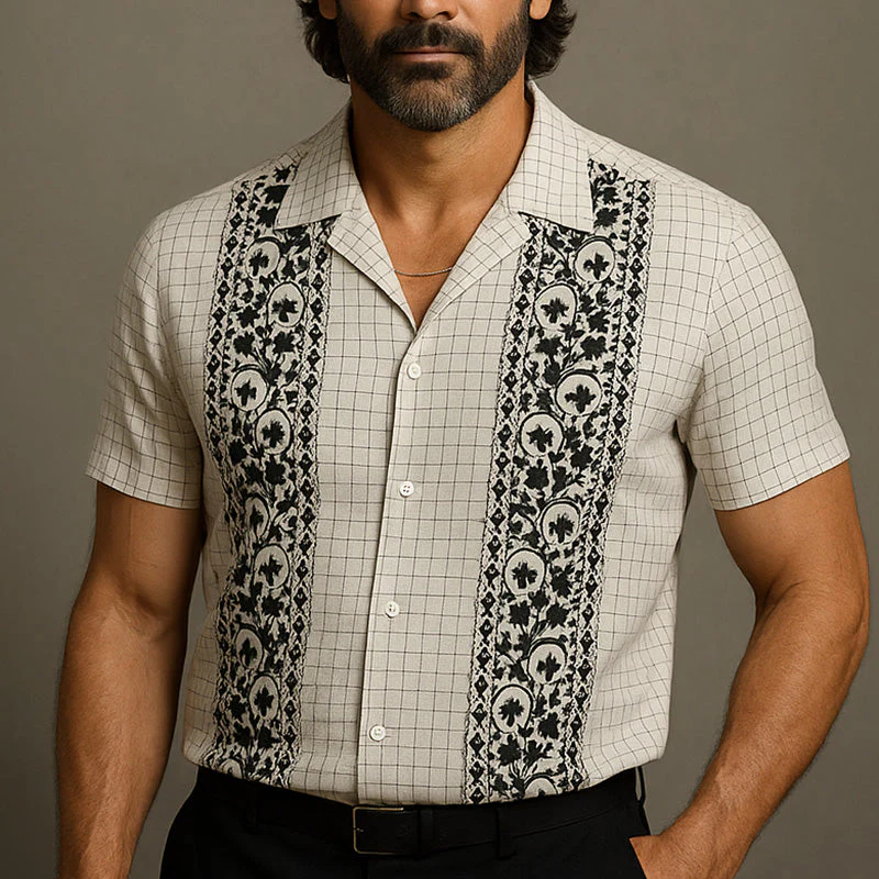 Ross | Men'S Summer Fashion Embroidered Check Linen Short Sleeve Shirt - Image 2