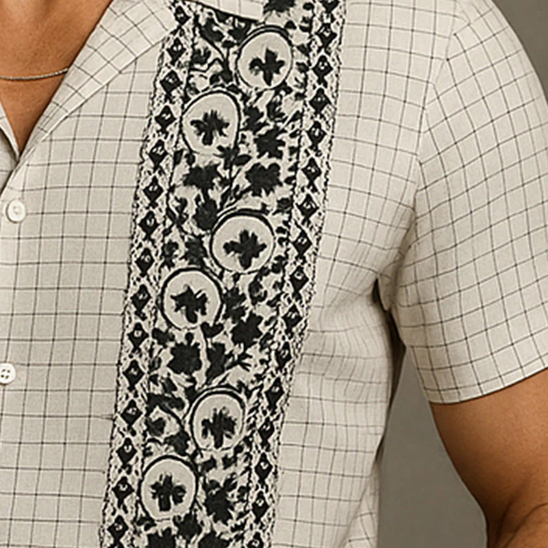 Ross | Men'S Summer Fashion Embroidered Check Linen Short Sleeve Shirt - Image 4