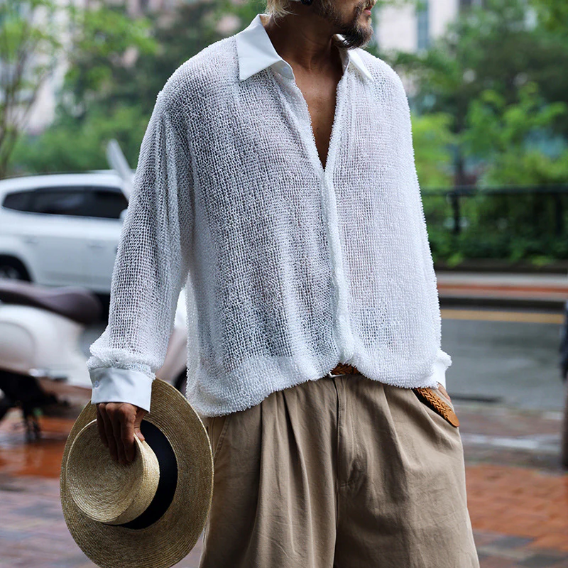 Royce | Men'S Casual Breathable Hollow Mesh Patchwork Lapel Loose Long-Sleeved Shirt - Image 2