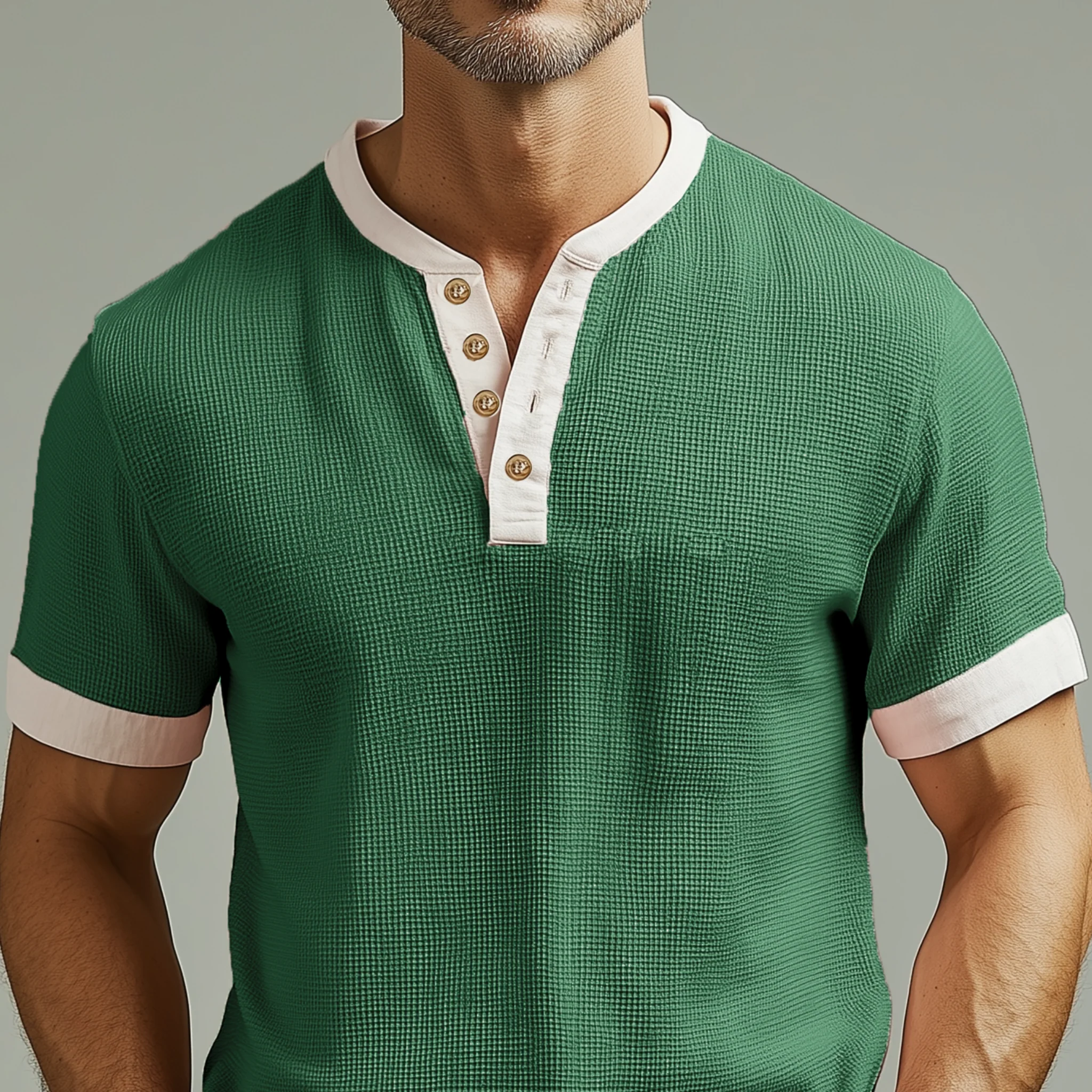 Royce | Men'S Spring And Summer Casual Henley Collar Waffle Stitching Cotton Blended Short Sleeve T-Shirt - Image 6