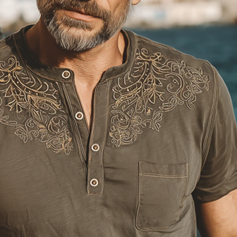 Royce | Men'S Summer Henley Collar Embroidered Short Sleeve T-Shirt - Image 4