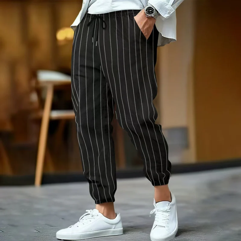 Rudolph | Men'S Casual Breathable Cotton Linen Striped Elastic Waist Loose Cuff Pants - Image 4