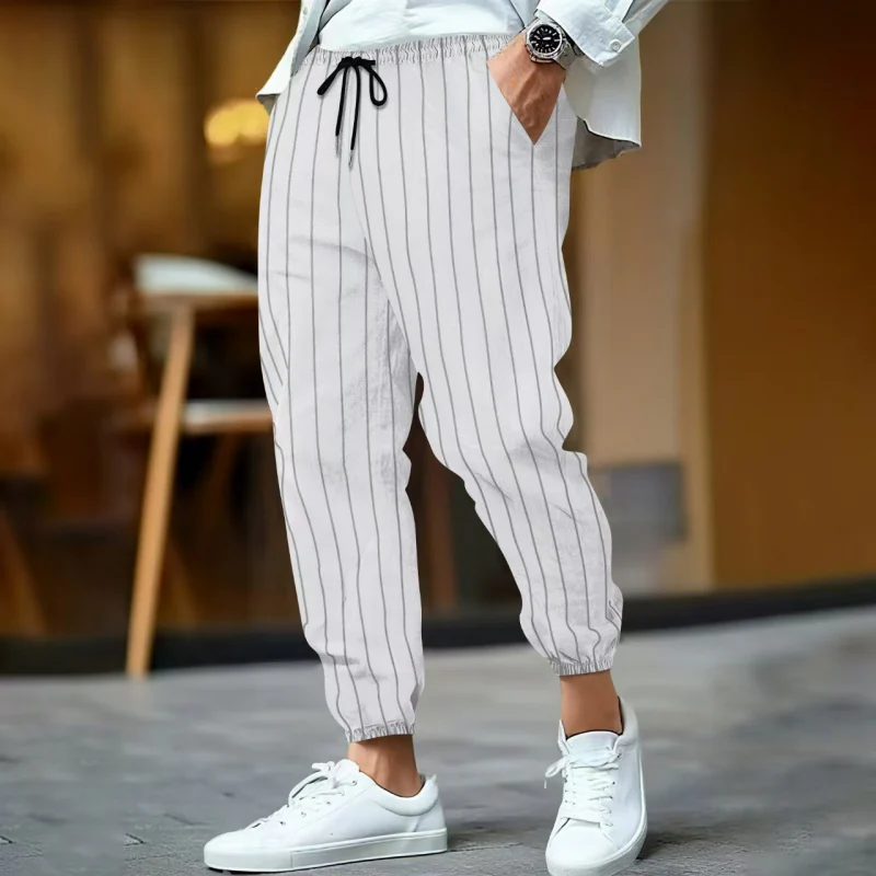 Rudolph | Men'S Casual Breathable Cotton Linen Striped Elastic Waist Loose Cuff Pants - Image 5