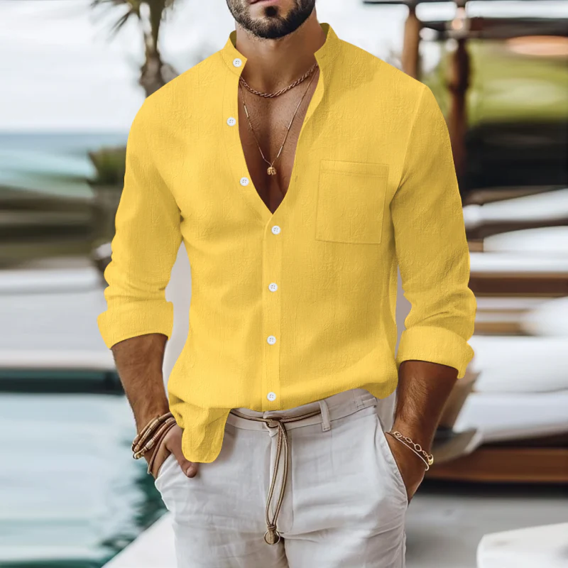Rufus | Men'S Casual Breathable Solid Color Cotton Linen Stand-Up Collar Patch Pocket Slim Fit Long Sleeve Shirt - Image 2