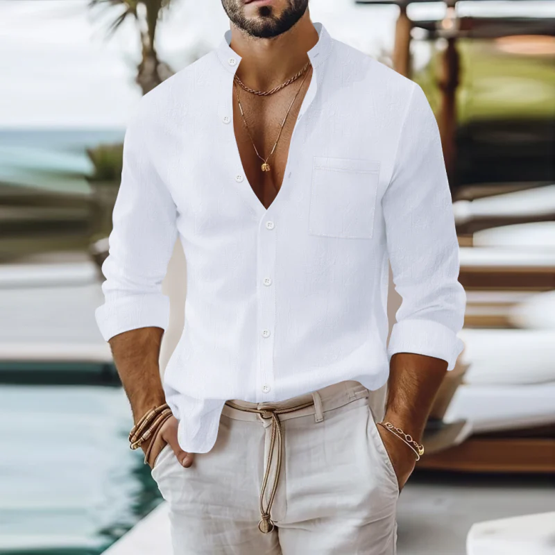 Rufus | Men'S Casual Breathable Solid Color Cotton Linen Stand-Up Collar Patch Pocket Slim Fit Long Sleeve Shirt - Image 4