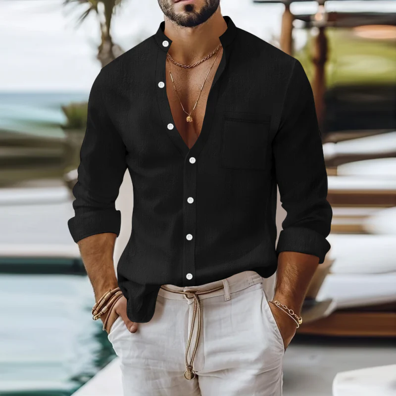 Rufus | Men'S Casual Breathable Solid Color Cotton Linen Stand-Up Collar Patch Pocket Slim Fit Long Sleeve Shirt - Image 6