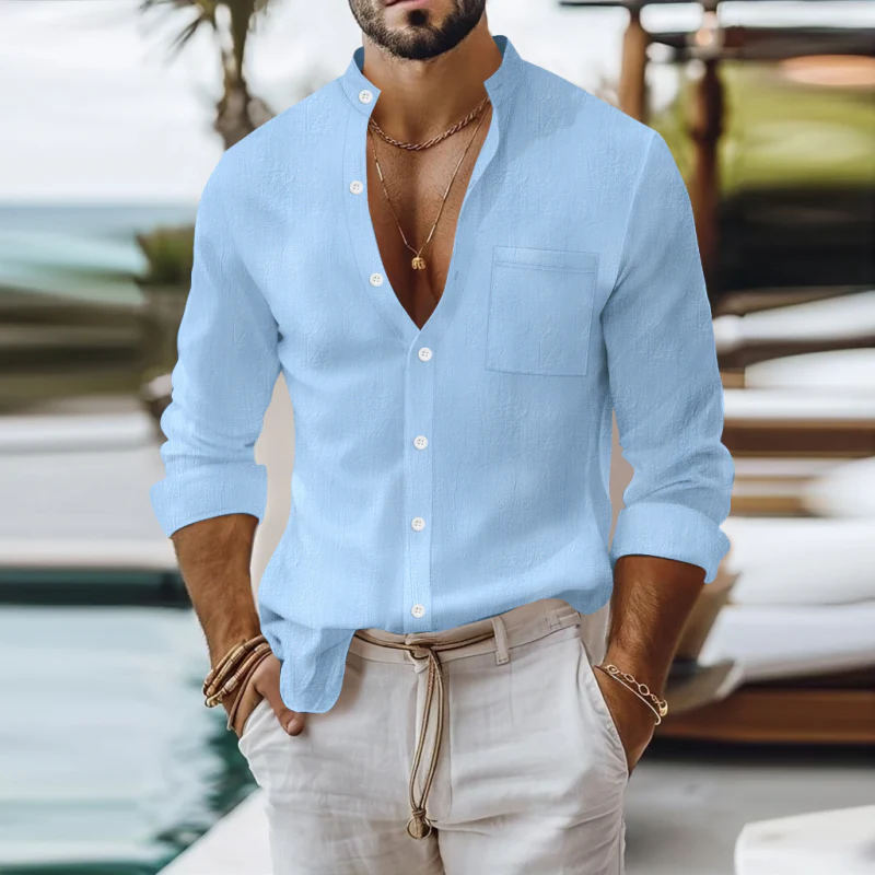 Rufus | Men'S Casual Breathable Solid Color Cotton Linen Stand-Up Collar Patch Pocket Slim Fit Long Sleeve Shirt - Image 8