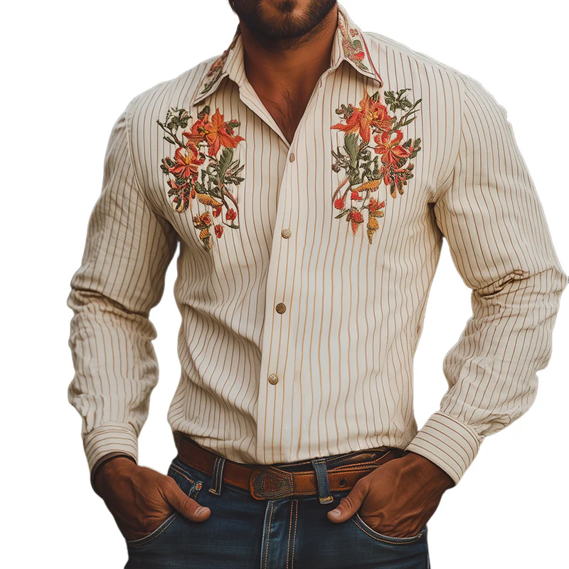 Russell | Men'S Vintage Casual Floral Embroidery Striped Lapel Long Sleeve Shirt