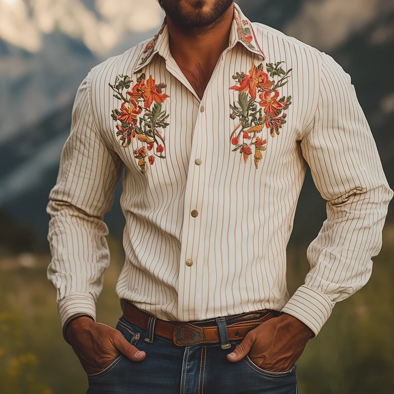 Russell | Men'S Vintage Casual Floral Embroidery Striped Lapel Long Sleeve Shirt - Image 2