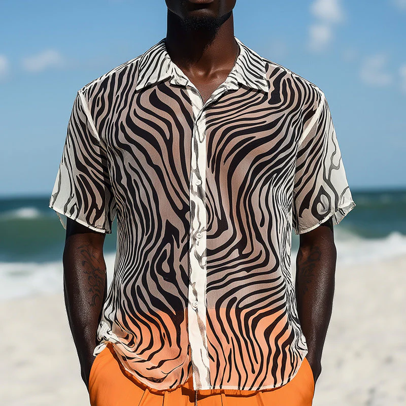 Ryan | Men'S Summer Fashion Breathable Zebra Print Organza Short Sleeve Shirt - Image 2