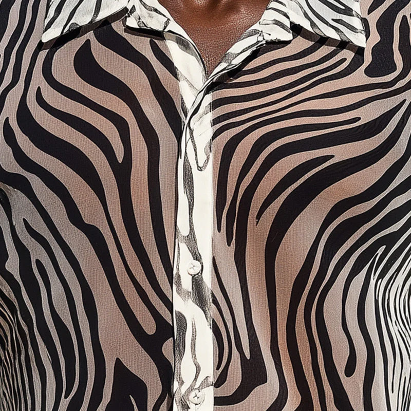 Ryan | Men'S Summer Fashion Breathable Zebra Print Organza Short Sleeve Shirt - Image 3