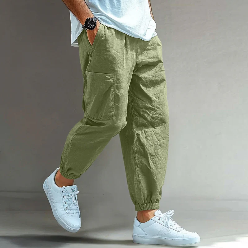 Salvador | Men'S Casual Solid Color Breathable Cotton Linen Blend Elastic Waist Multi-Pocket Cuffed Pants - Image 2