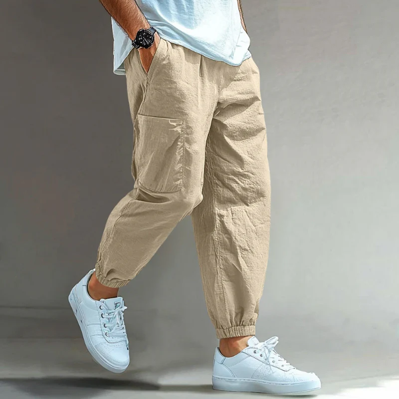 Salvador | Men'S Casual Solid Color Breathable Cotton Linen Blend Elastic Waist Multi-Pocket Cuffed Pants - Image 3