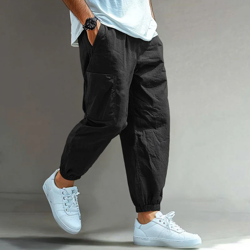 Salvador | Men'S Casual Solid Color Breathable Cotton Linen Blend Elastic Waist Multi-Pocket Cuffed Pants - Image 4